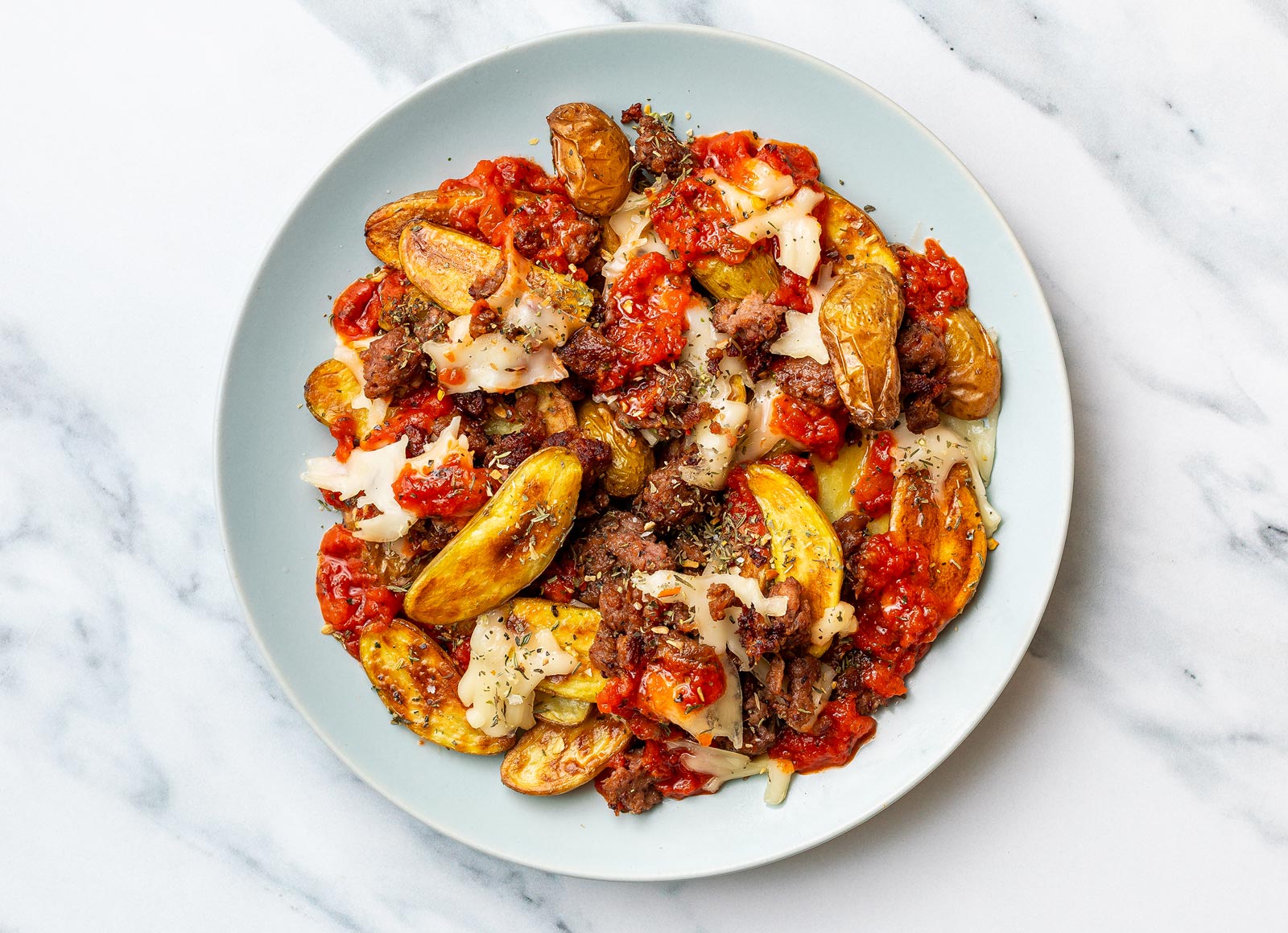 Beyond Burger Beef Marinara Potato Nachos