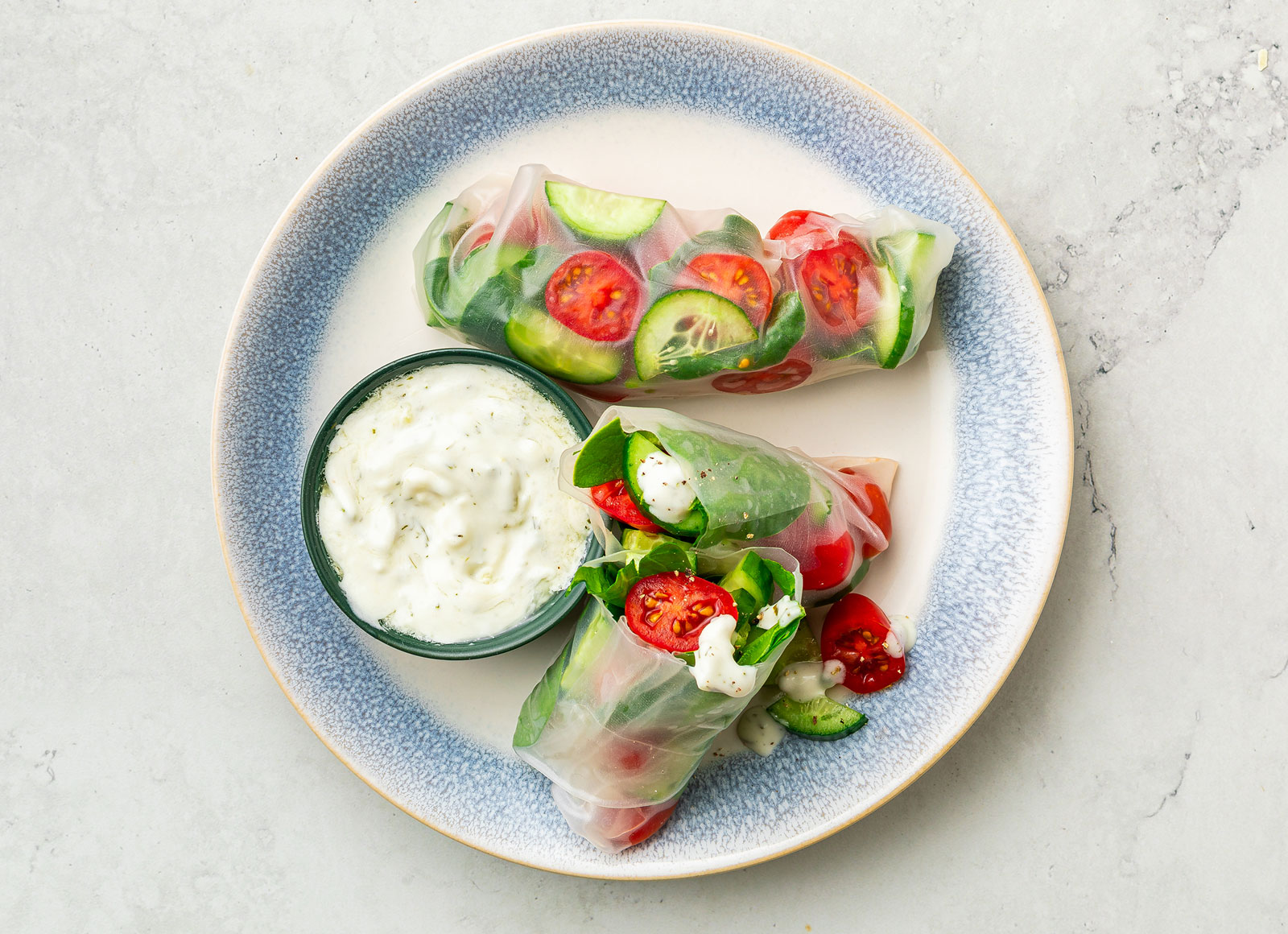 Mediterranean Summer Rolls + Tzatziki with Baby Spinach