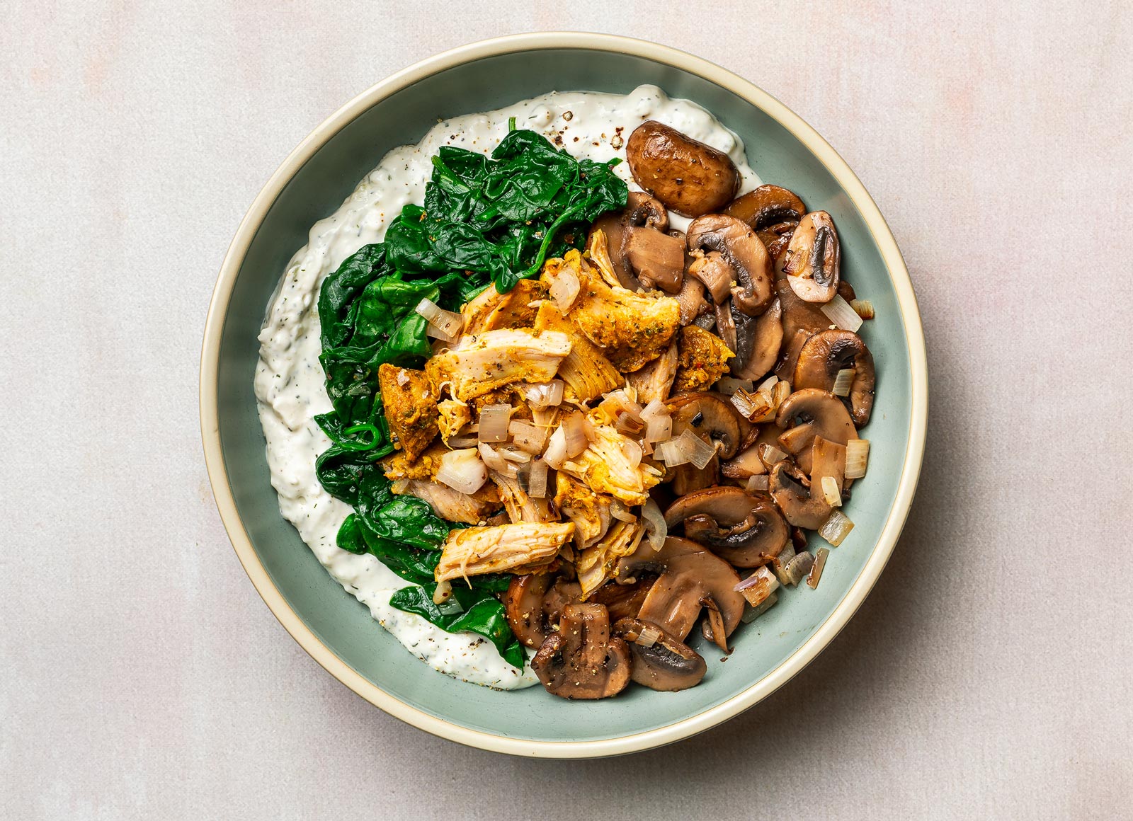 Tzatziki Shawarma Chicken Veggie Bowl with Baby Spinach