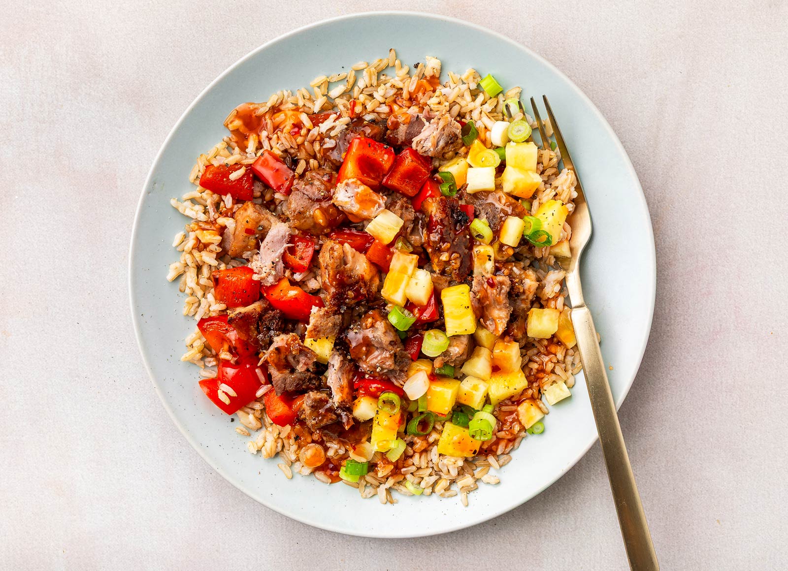 Sweet Chili Lime Pork with Pineapple + Red Pepper over Rice with Scallions