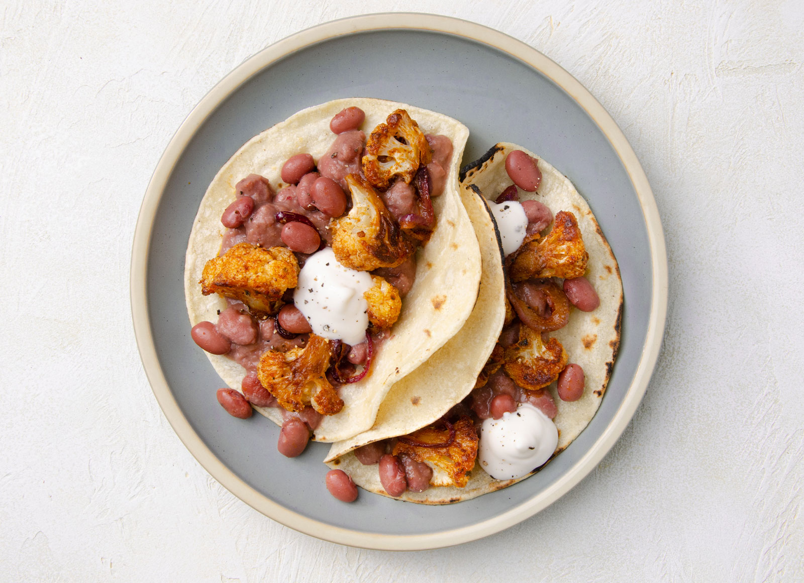 Spiced Cauliflower + Refried Red Beans Bean Tacos