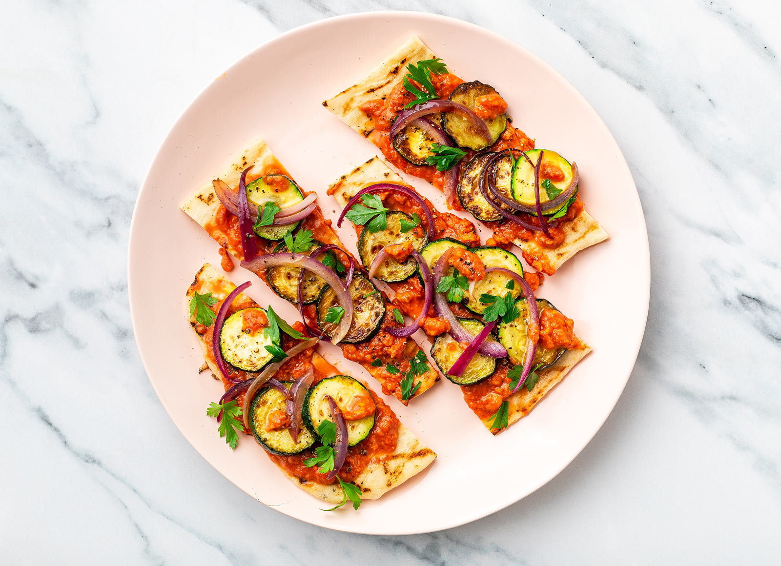 Creamy Tomato Veggie Flatbread with Zucchini