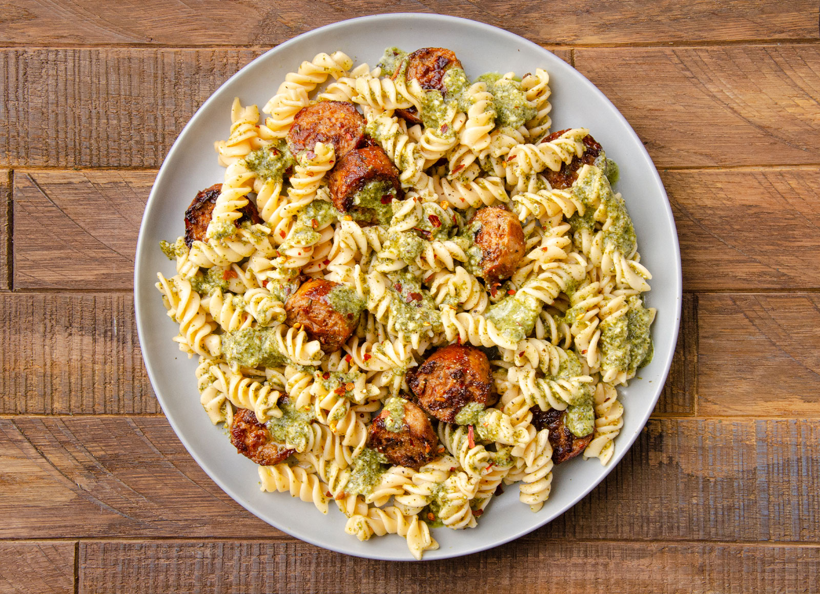 Pesto Fusilli with Spicy Sausage