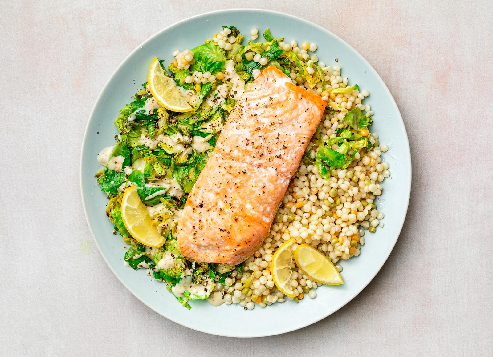 Oven-Roasted Salmon with Couscous + Brussels