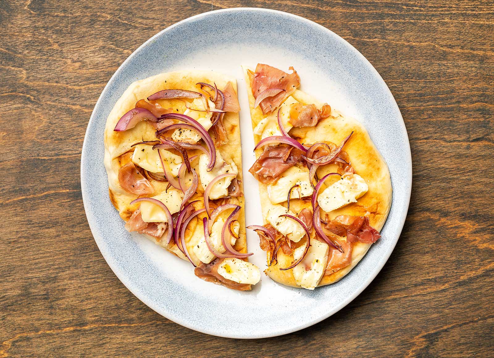 Prosciutto, Brie + Caramelized Onion Flatbread with Traditional Naan