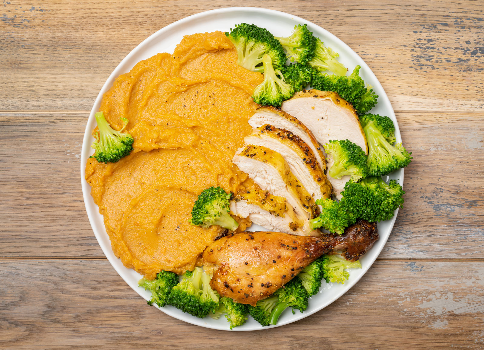 Lemony Chicken + Sweet Potato Mash with Broccoli Florets