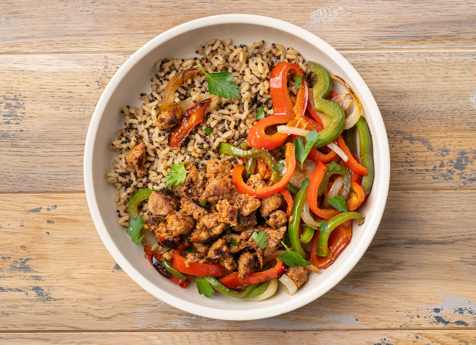 Spicy Sausage + Peppers Grain Bowl with Brown Rice Quinoa Blend
