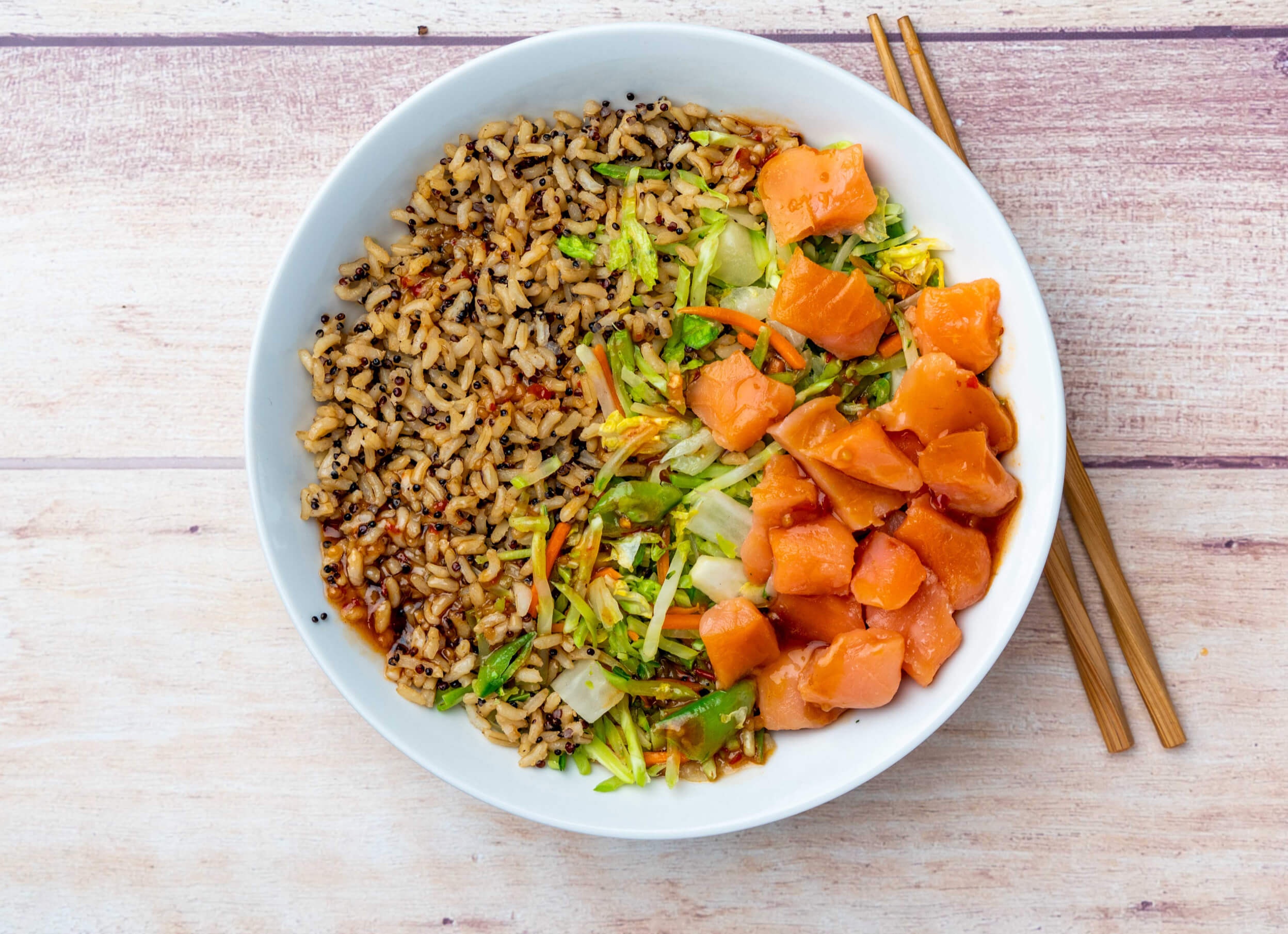 Gingery Salmon Super Poké Bowl with Brown Rice Quinoa Blend