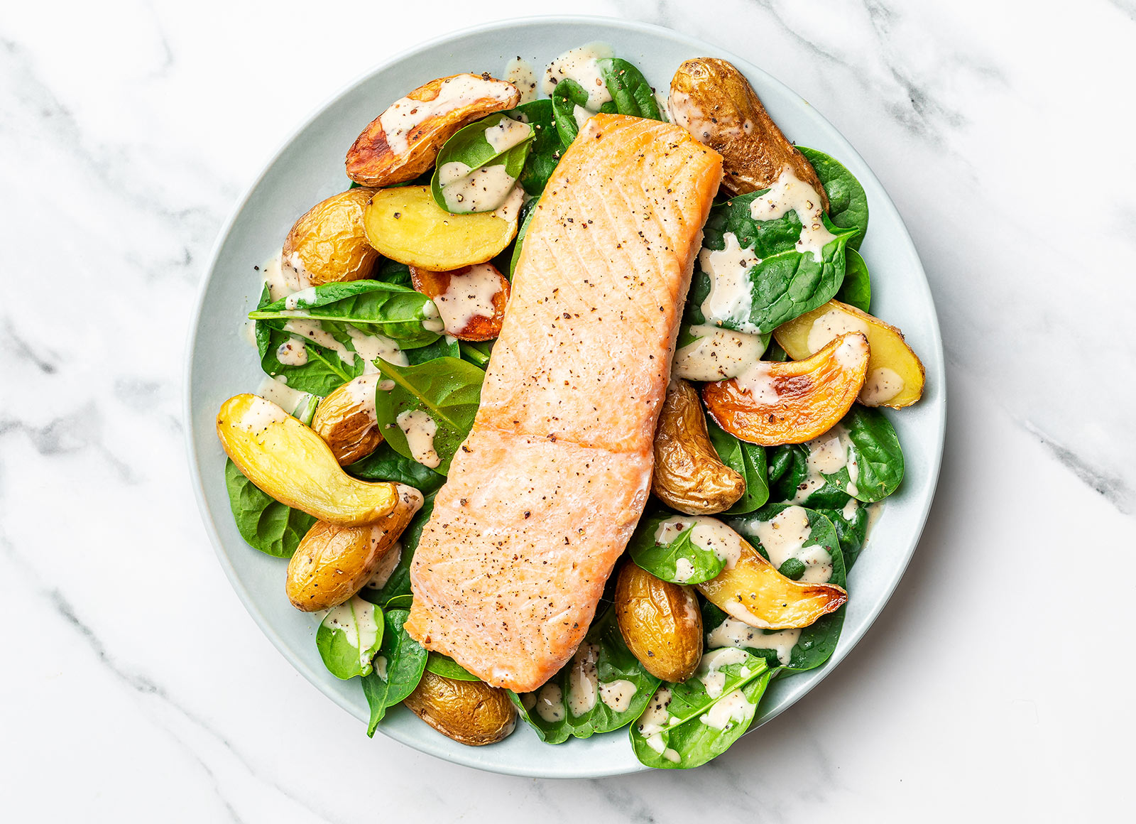 Roasted Salmon Caesar Salad with Baby Spinach