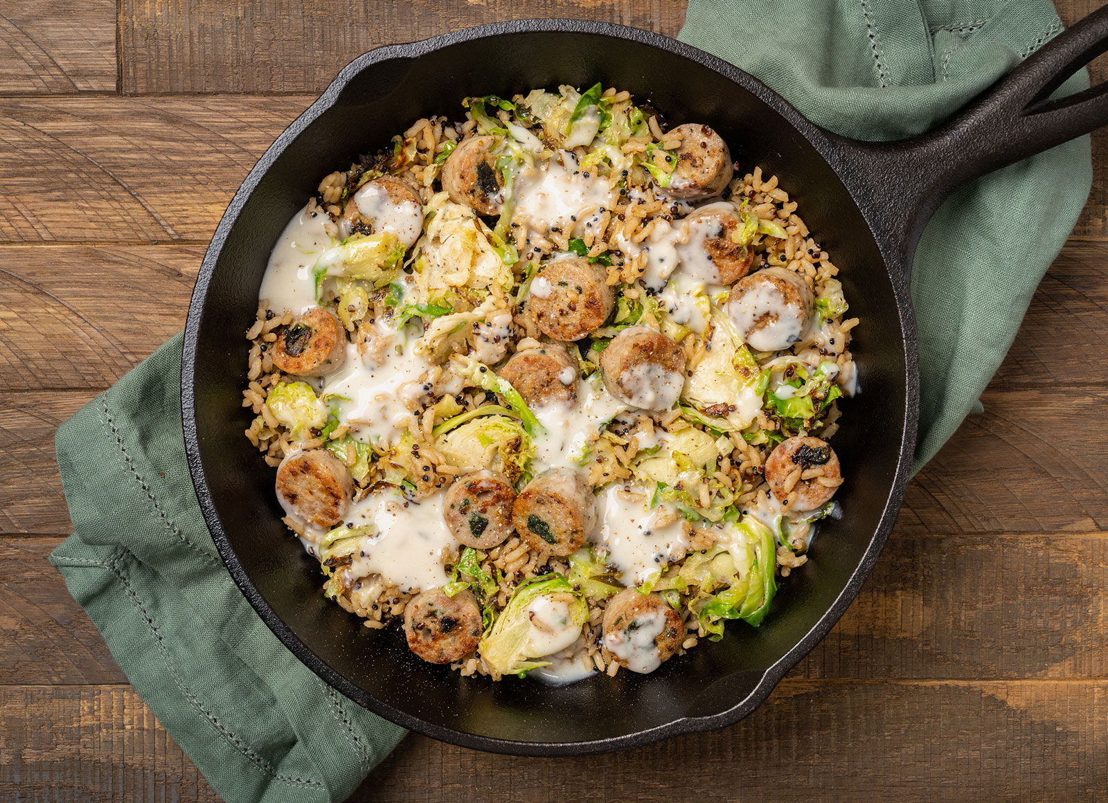 Creamy Garlic Chicken Sausage + Brussels Rice