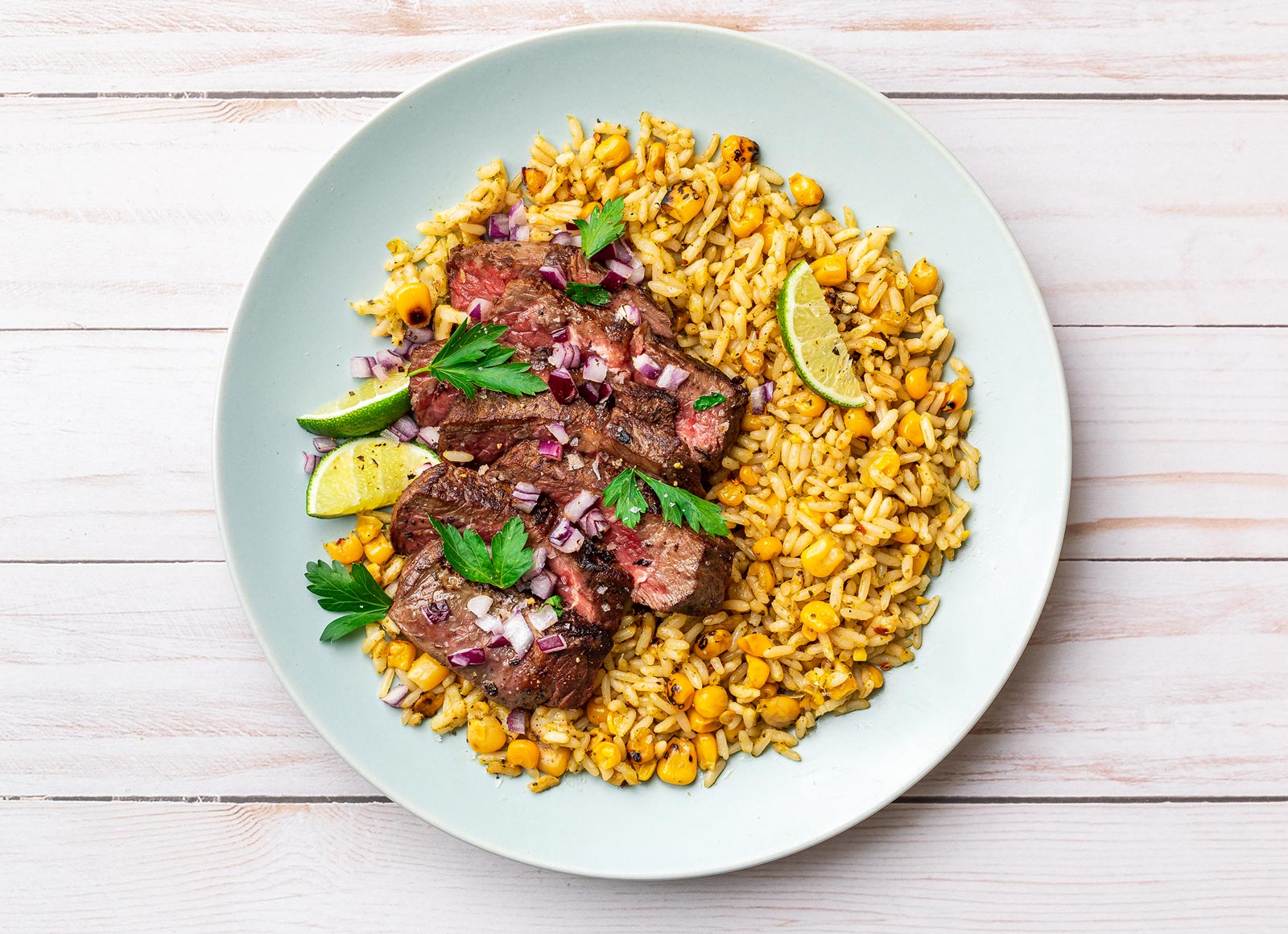 Seared Beef Sirloin Steak with Salsa Verde +  Rice