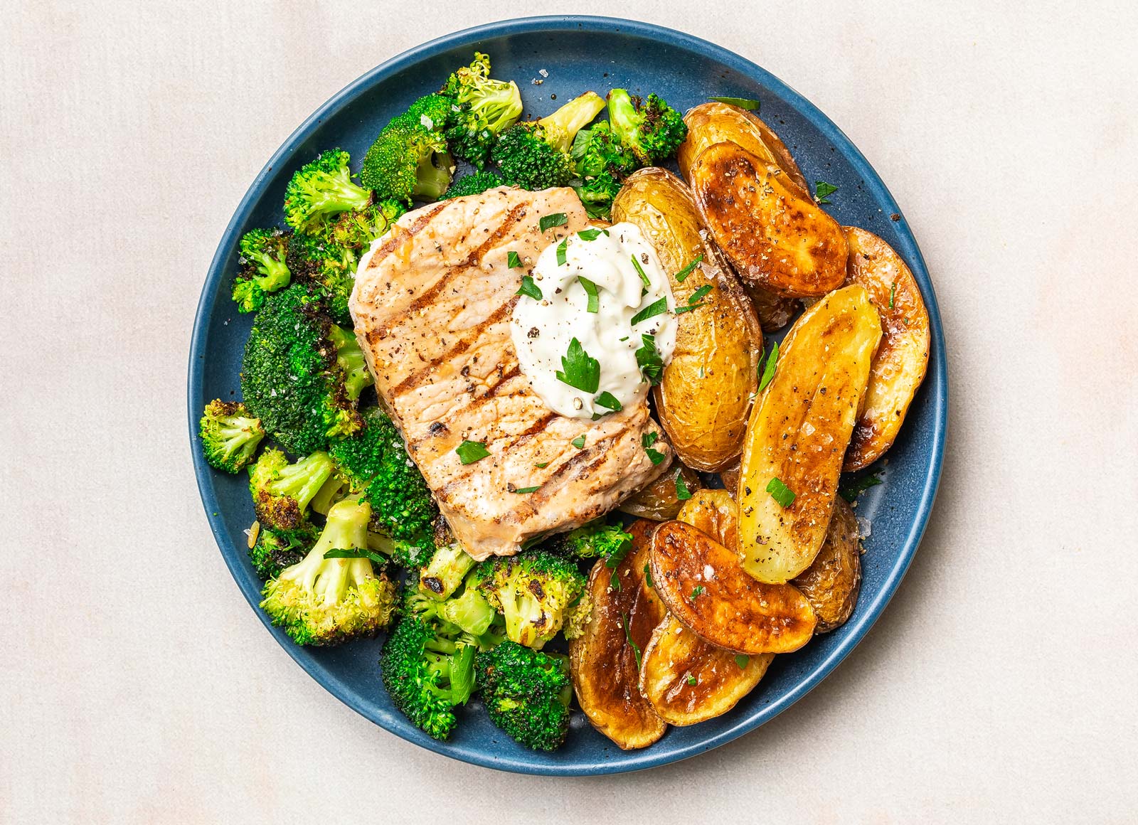 Sheet-Pan Pork Chop + Veggies with Tzatziki