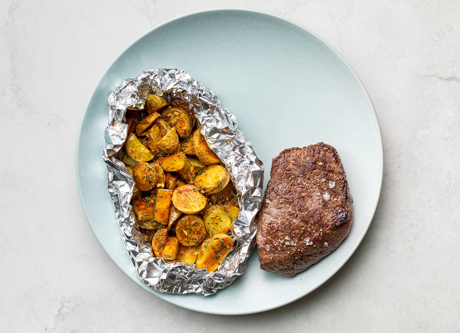Seared Steak + Easy-Cleanup Garlicky Potatoes