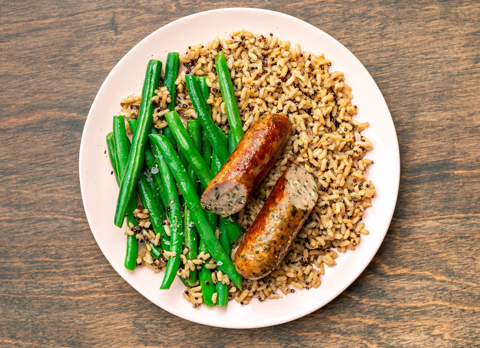 Sautéed Chicken Sausage with Green Beans + Brown Rice