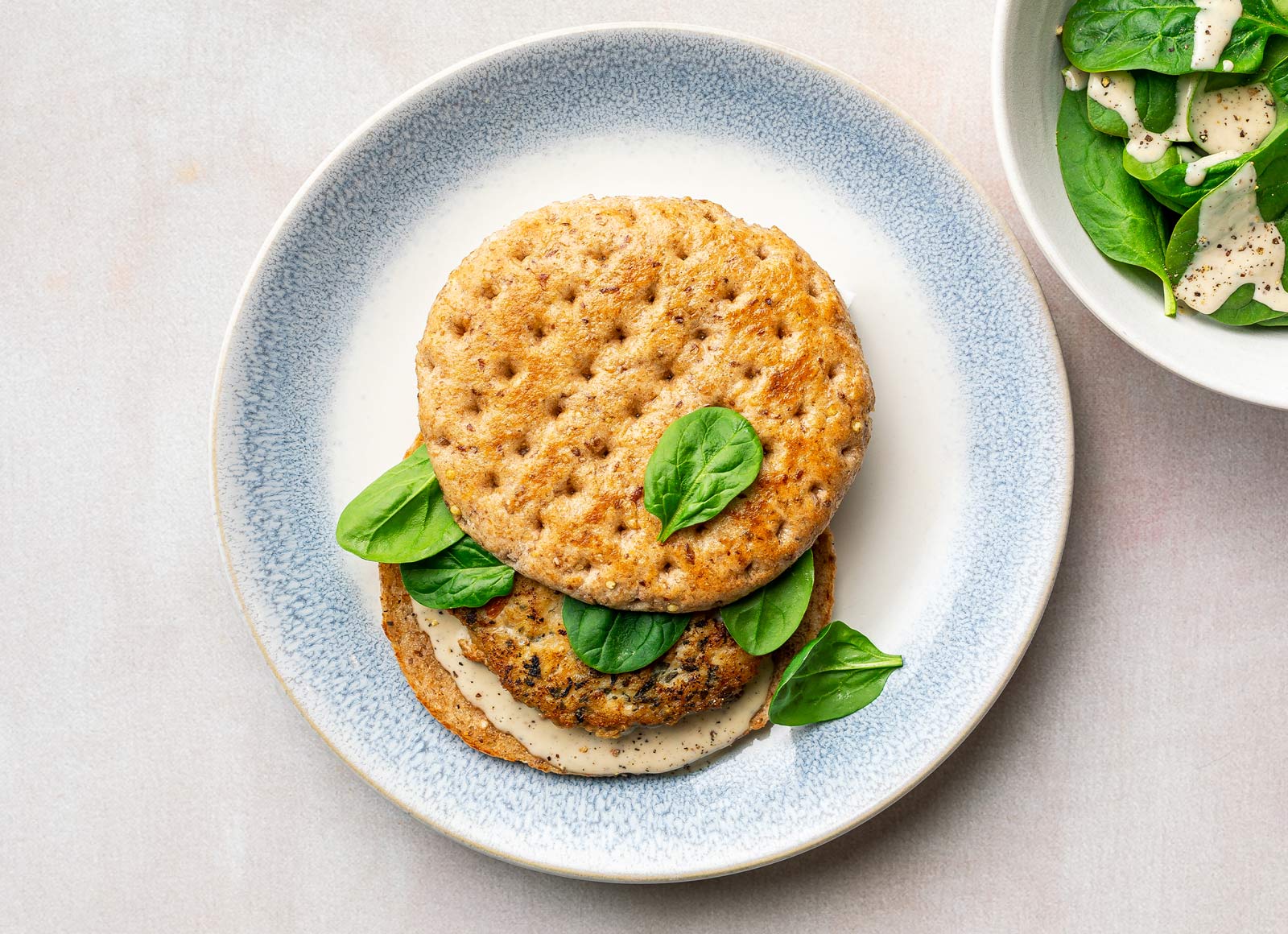 Bruschetta Chicken Burger + Side Caesar Salad with Baby Spinach