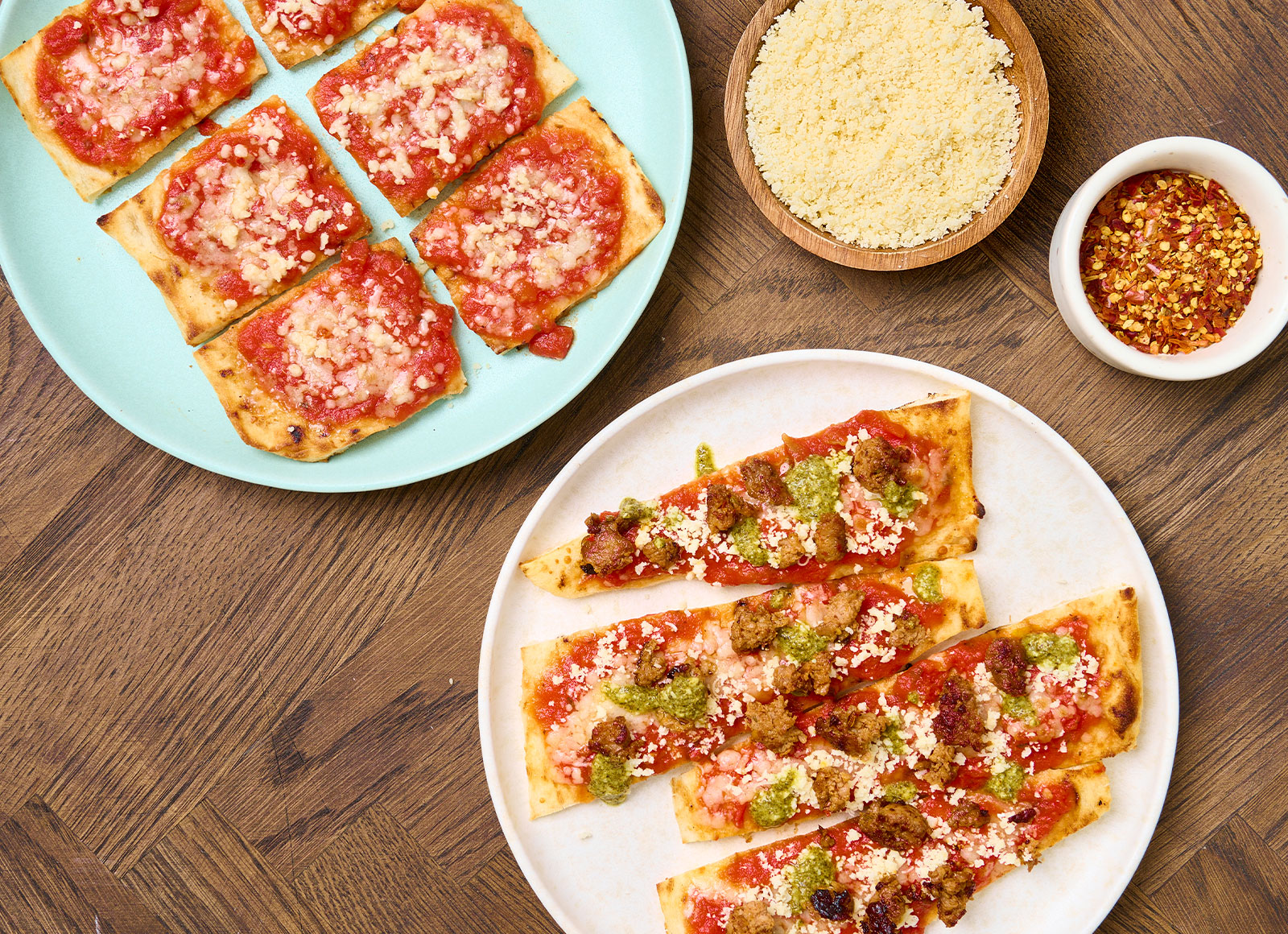 Spicy Sausage and Pesto Pizza + Kid-Friendly Marinara Pizza