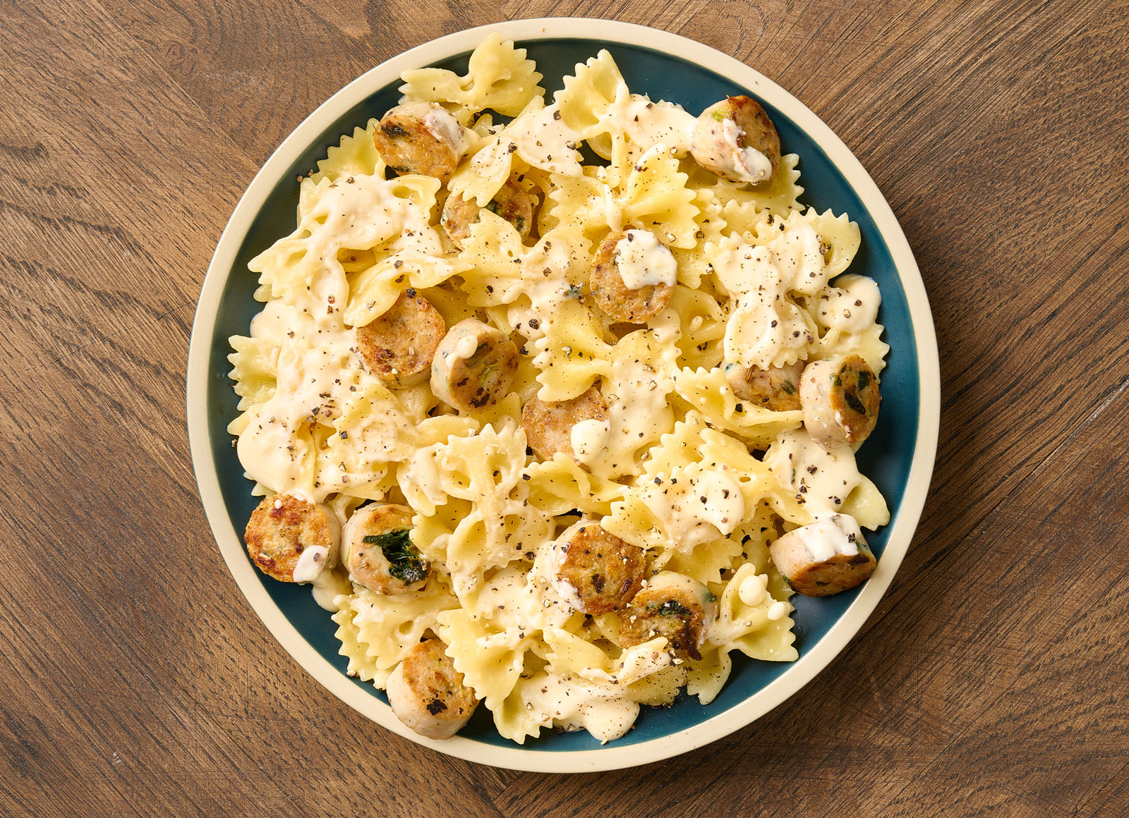 Creamy Cheddar + Chicken Sausage Farfalle Pasta