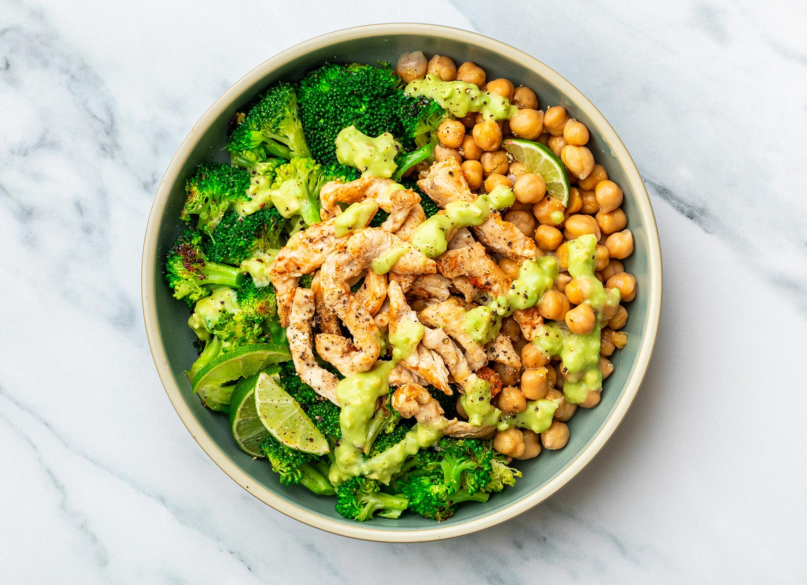Chicken + Chickpea Bowl with Avocado Lime Dressing with Broccoli Florets