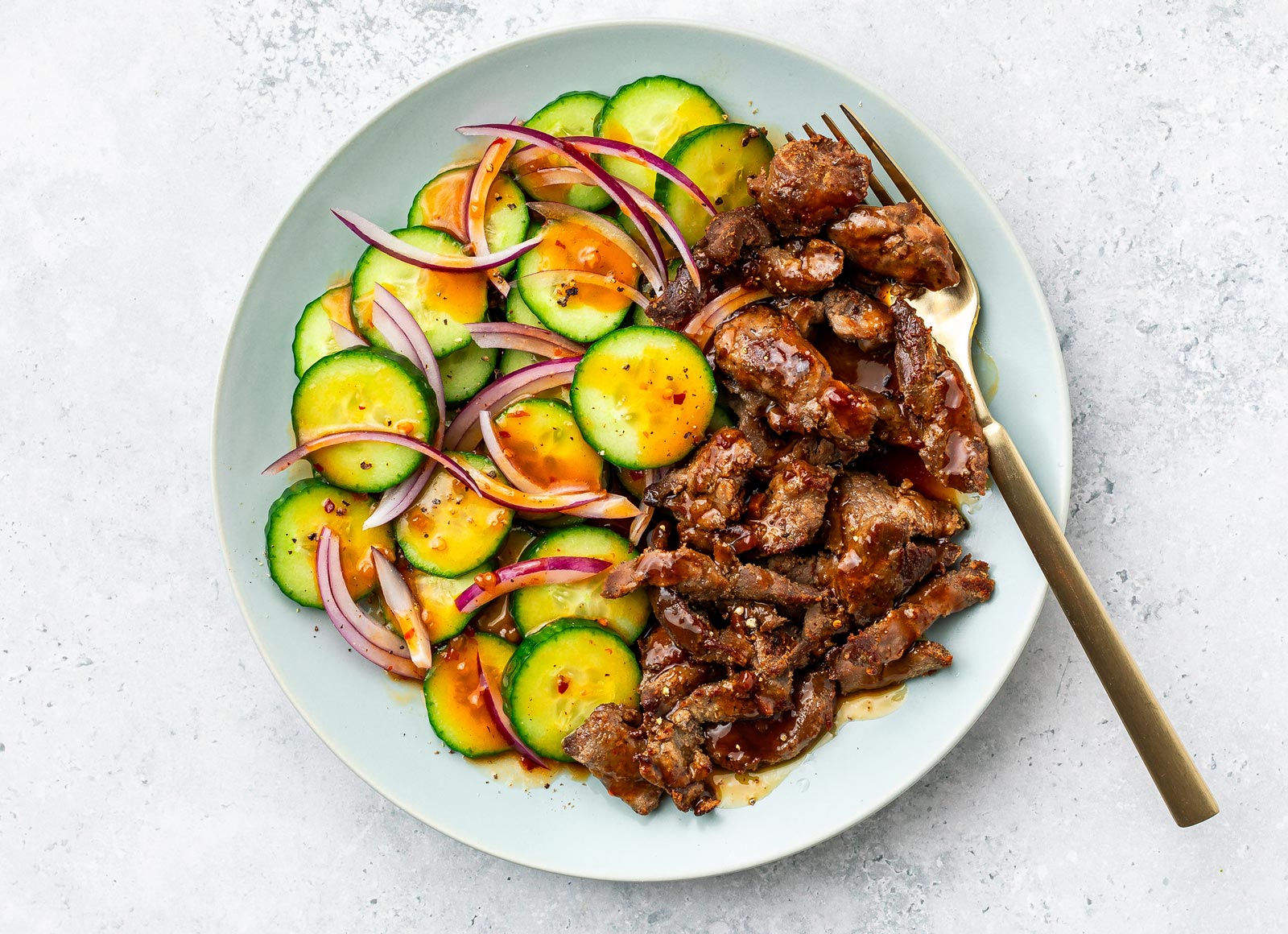 Honey Garlic Beef + Gingery Cucumber Salad