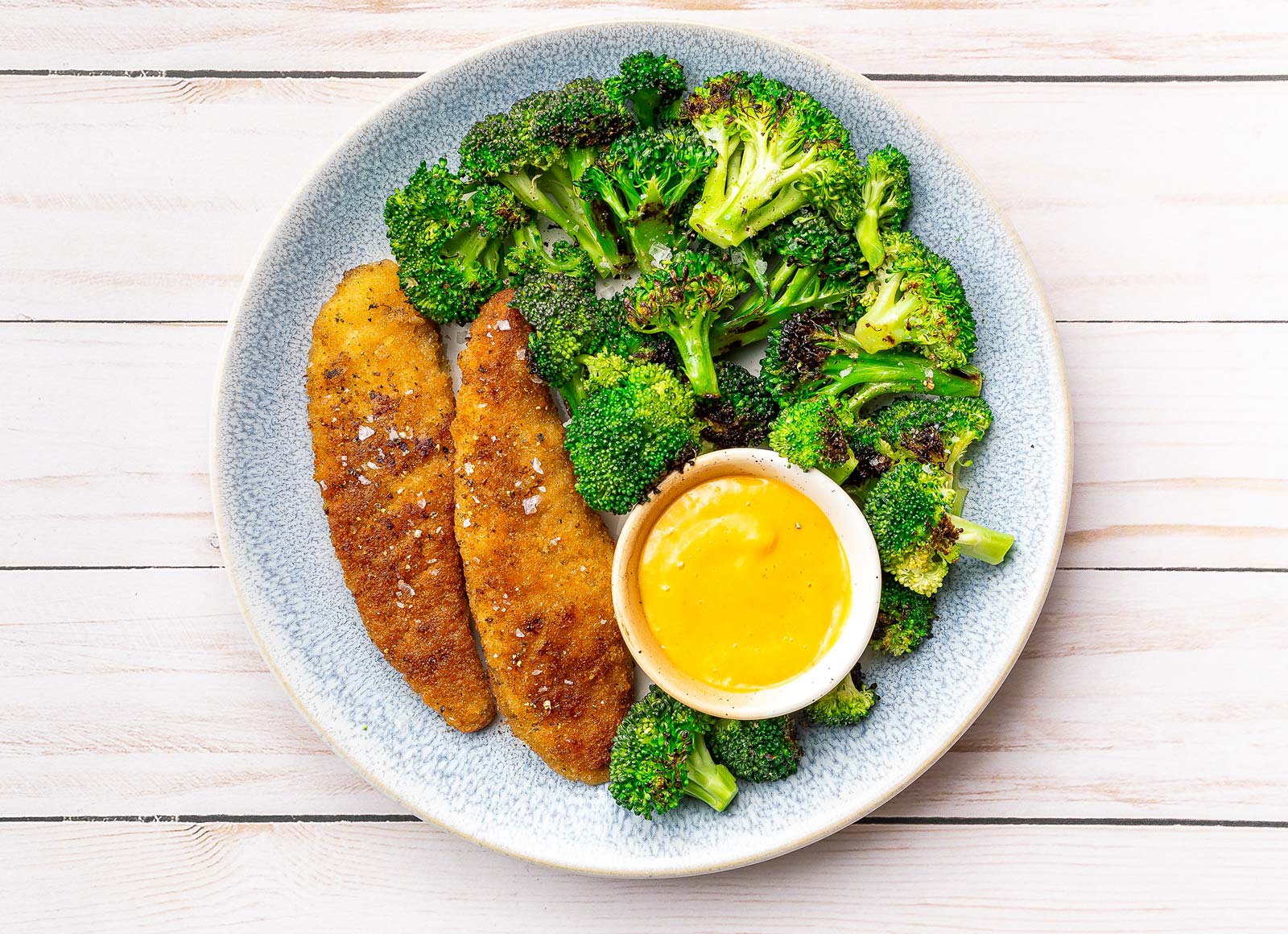 "Chicken" Tenders + Special Sauce with Broccoli Florets