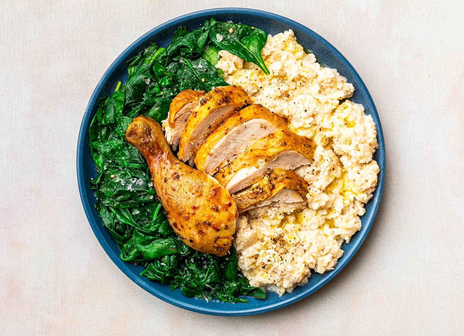 Juicy Lemon Pepper Chicken with Cauli Mash + Baby Spinach