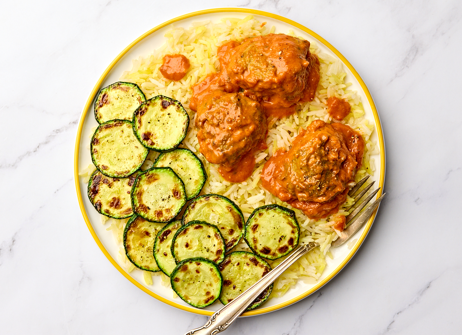 Butter Chicken Meatballs + Rice with Zucchini