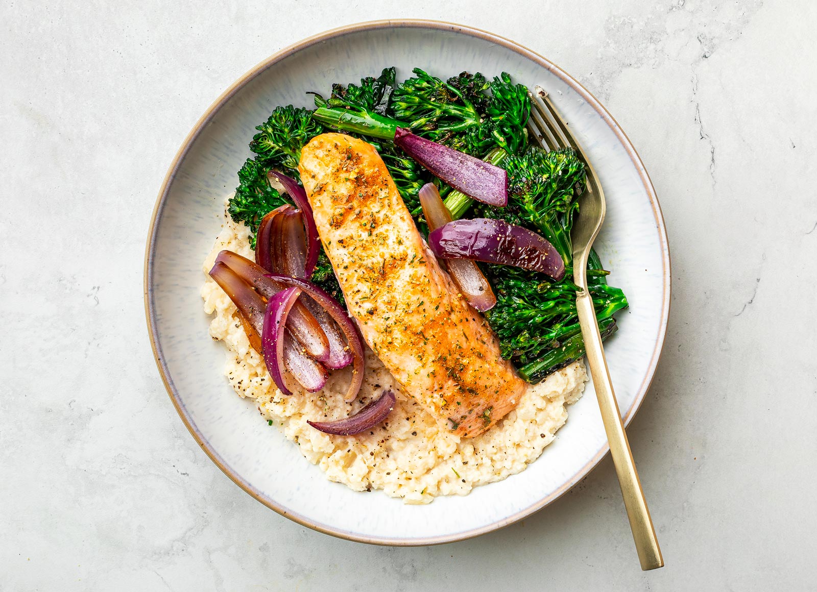 Hearty Low-Carb Salmon + Cauliflower Mash with Sweet Baby Broccoli