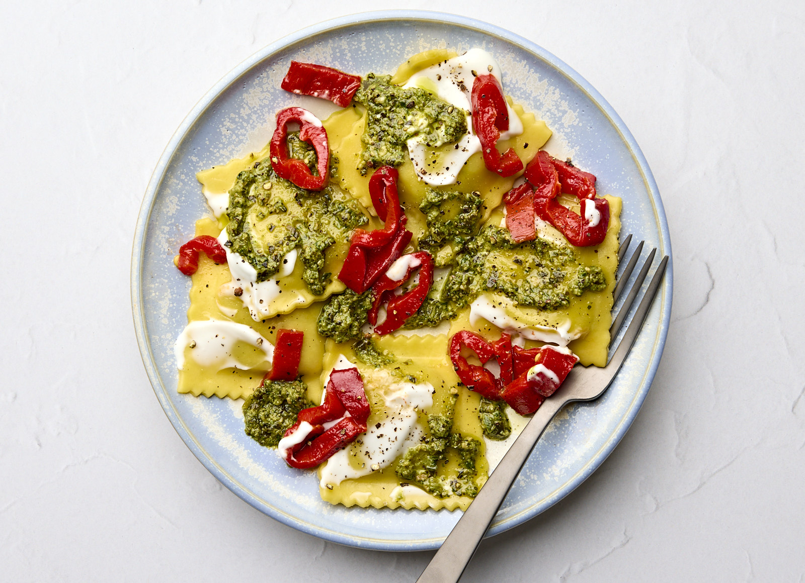 Vegan Creamy Pesto + Red Pepper Ravioli