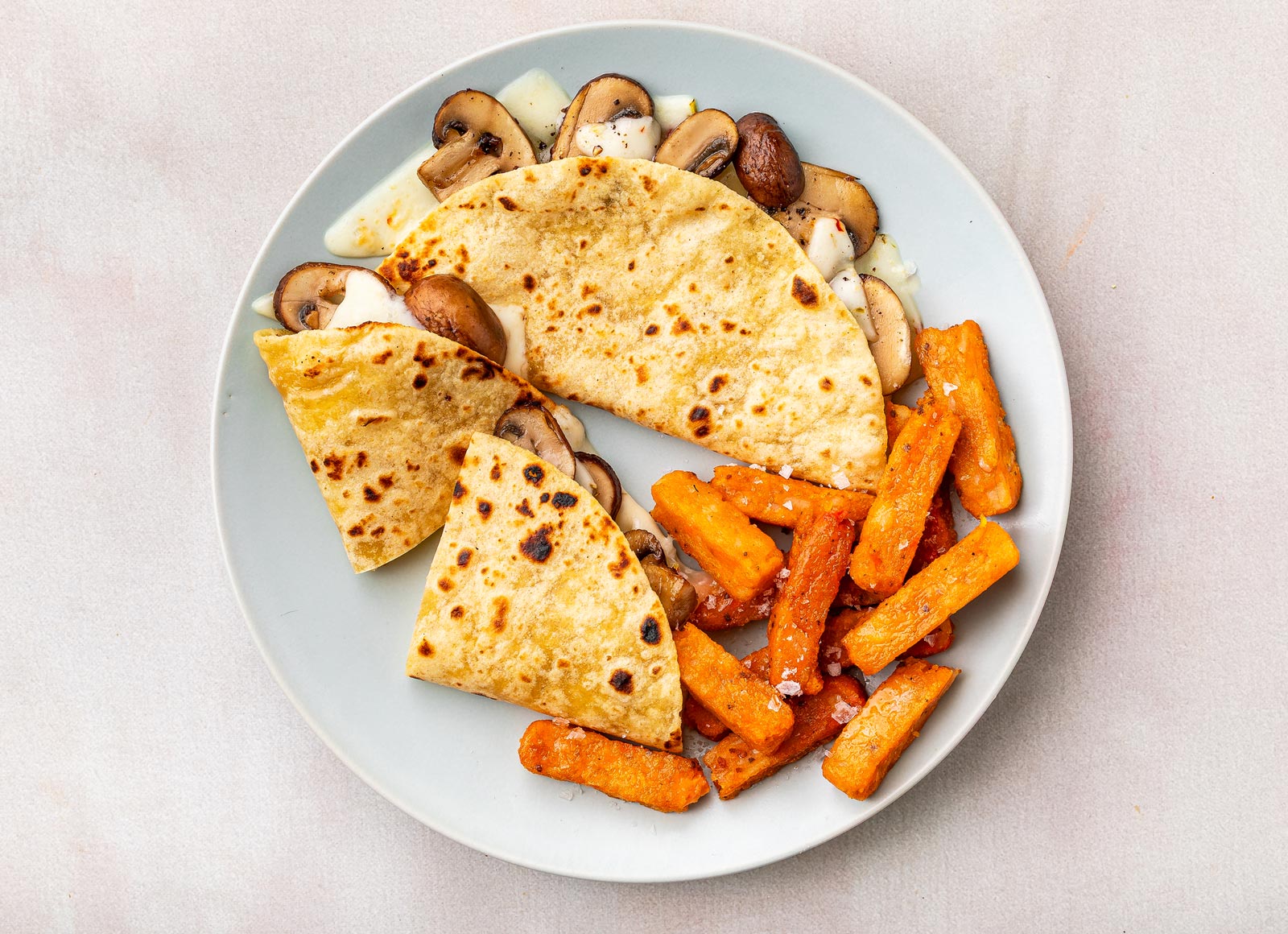 Mushroom + Pepper Jack Quesadillas with Fries