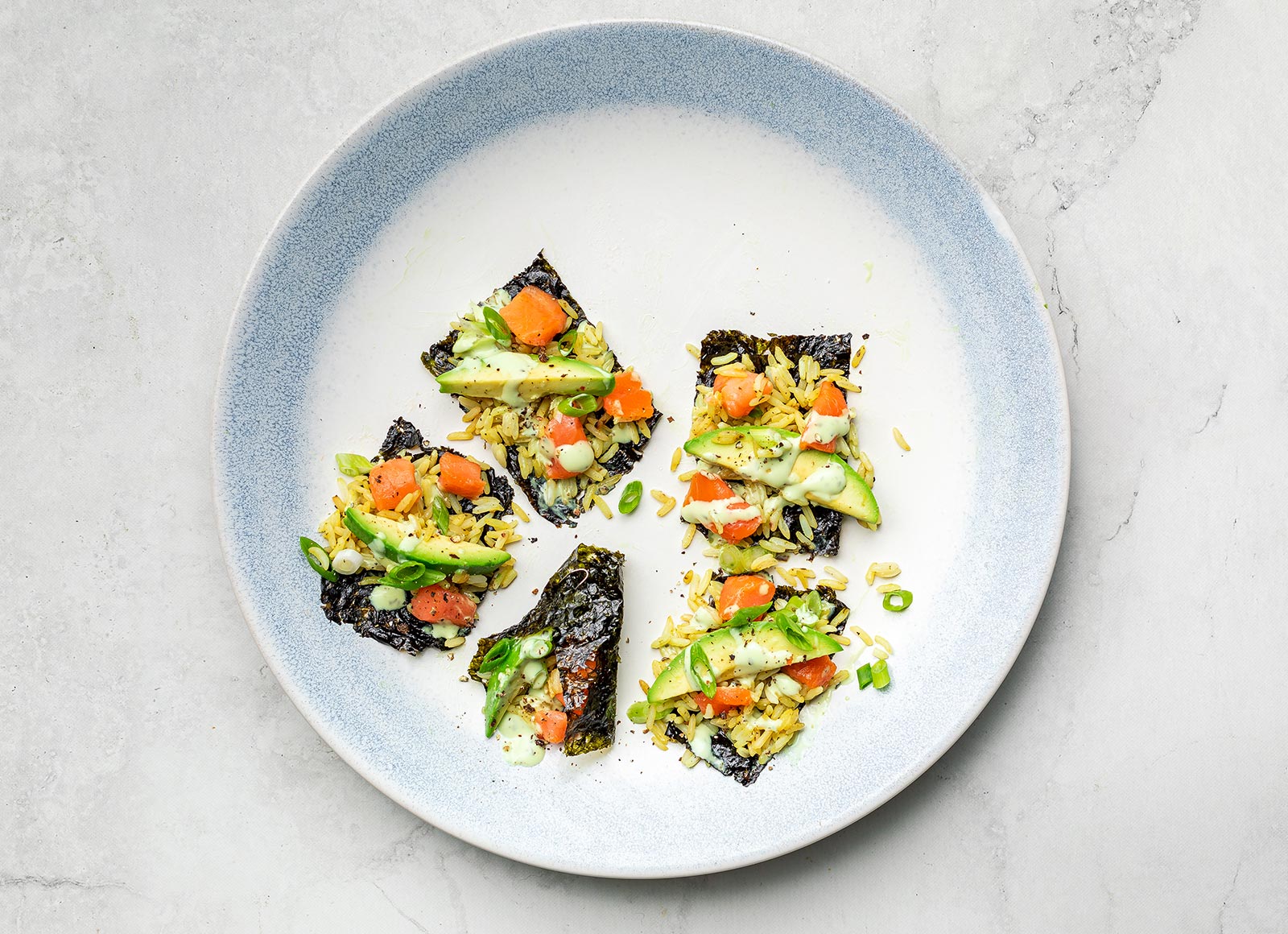 Green Goddess Tuna Seaweed Squares with Smoked Poke Style Salmon
