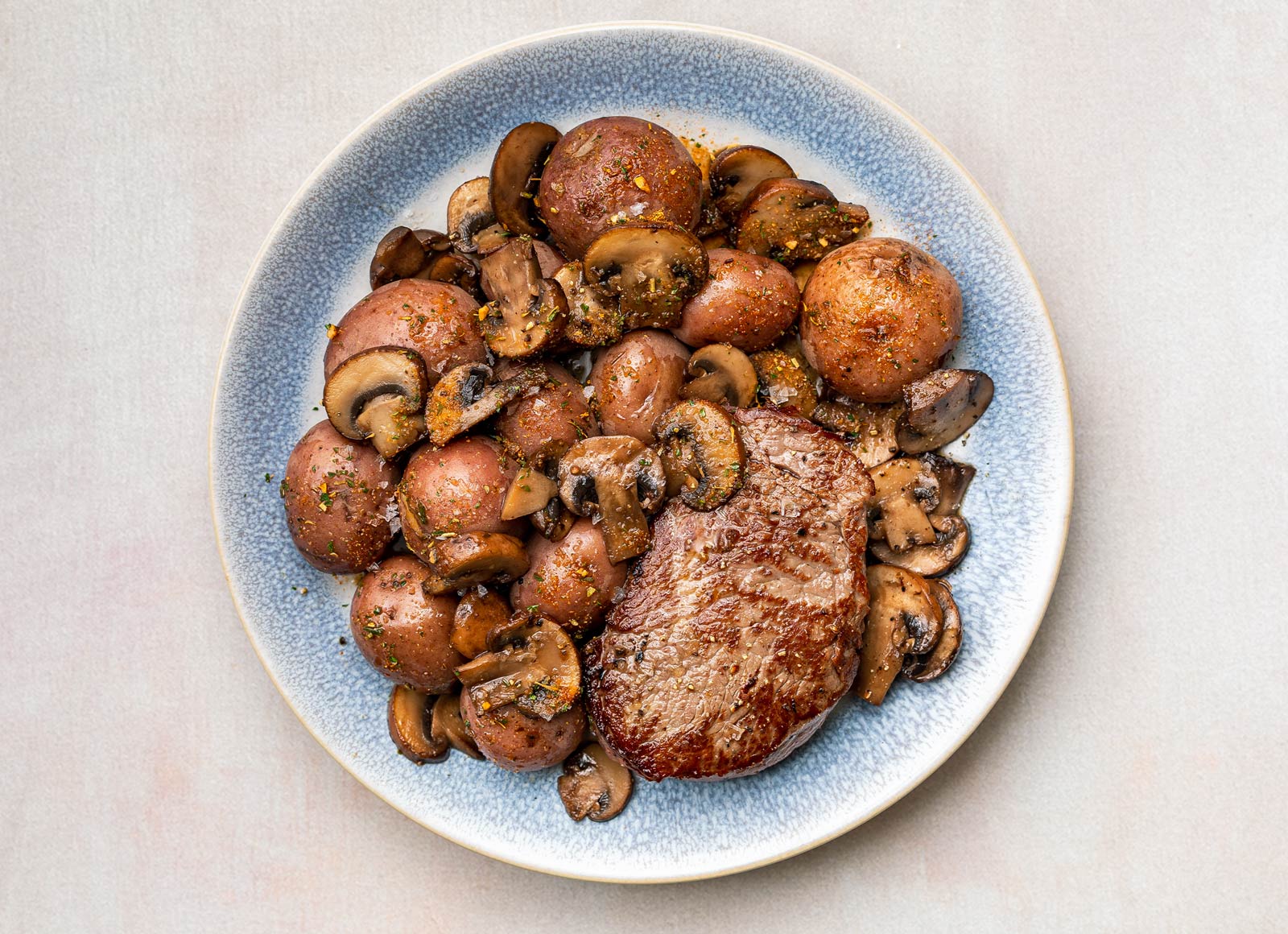 Beef Sirloin Steak + Red Potatoes with Mushroom Pan Sauce