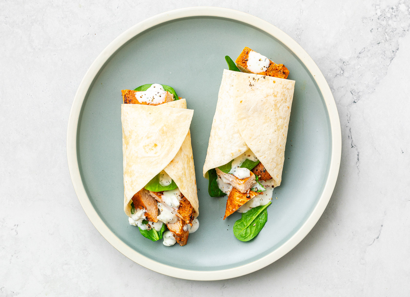 Feta Tzatziki Blackened Chicken Wrap with Baby Spinach