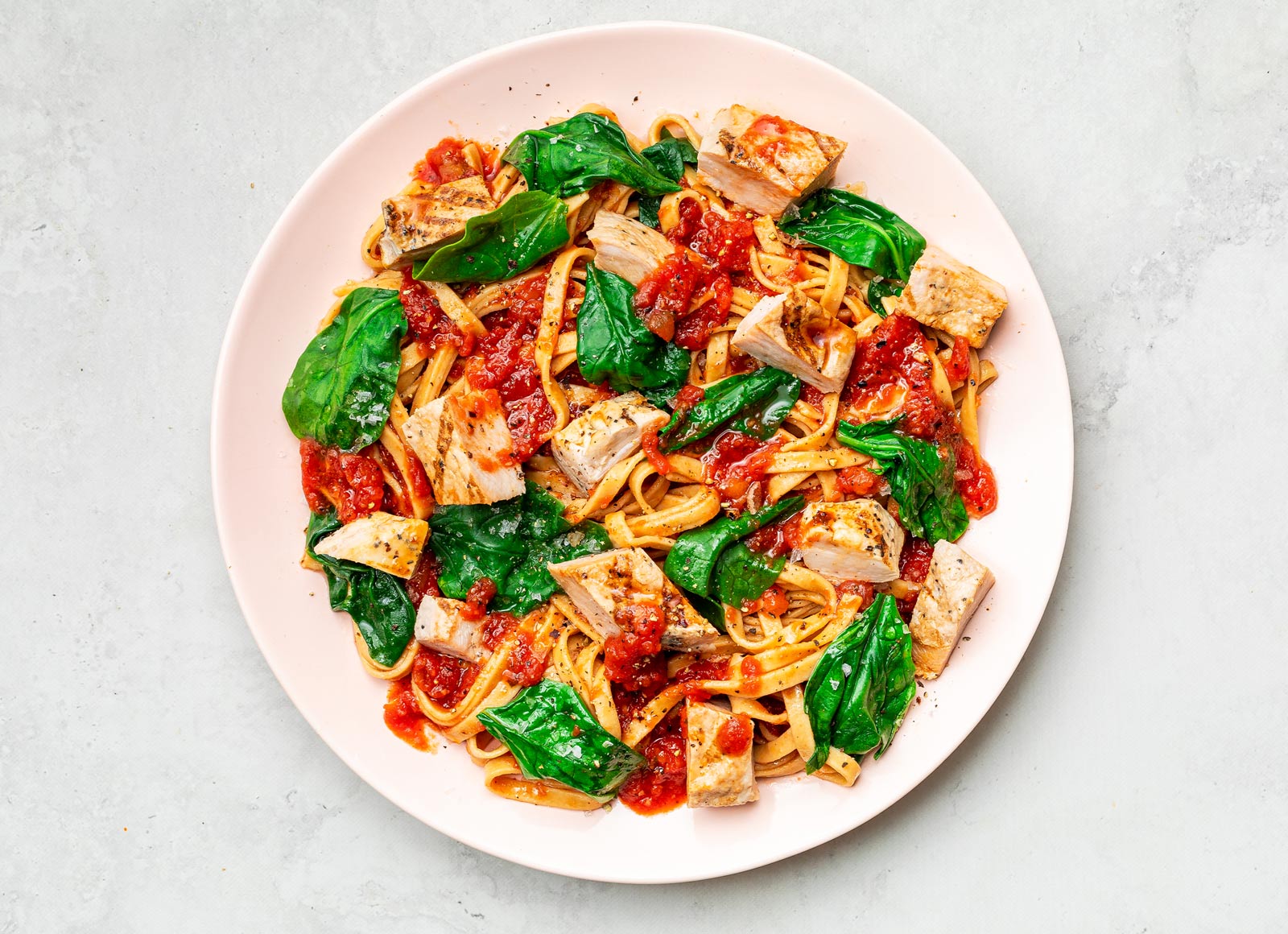 Linguine Marinara with Grilled Pork with Baby Spinach