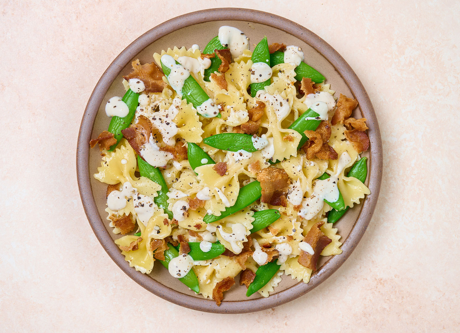 Farfalle Pasta Alfredo with Applewood Smoked Pork Bacon + Snap Peas