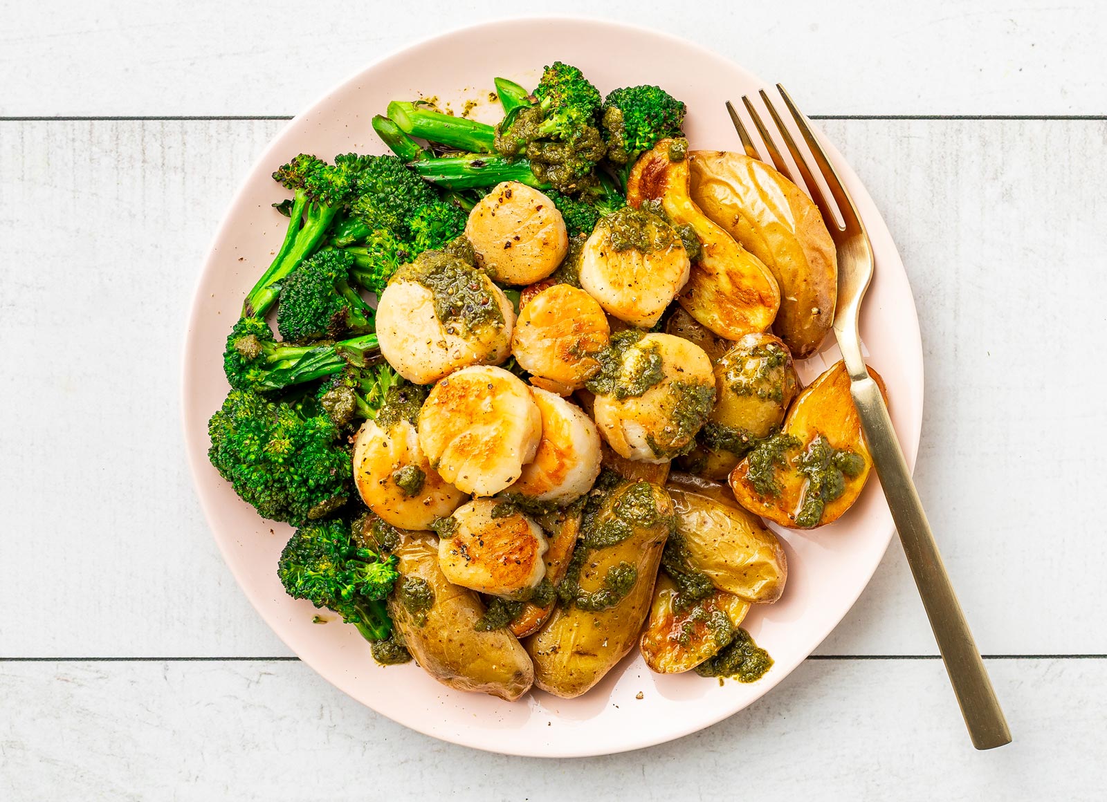 Seared Chimichurri Scallops + Crispy Potatoes