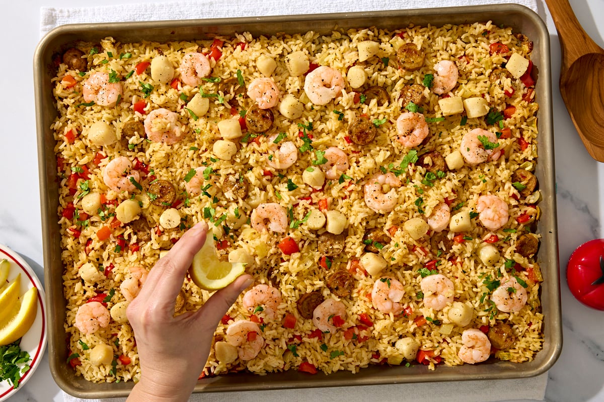 Sheet Pan Seafood + Sausage Paella