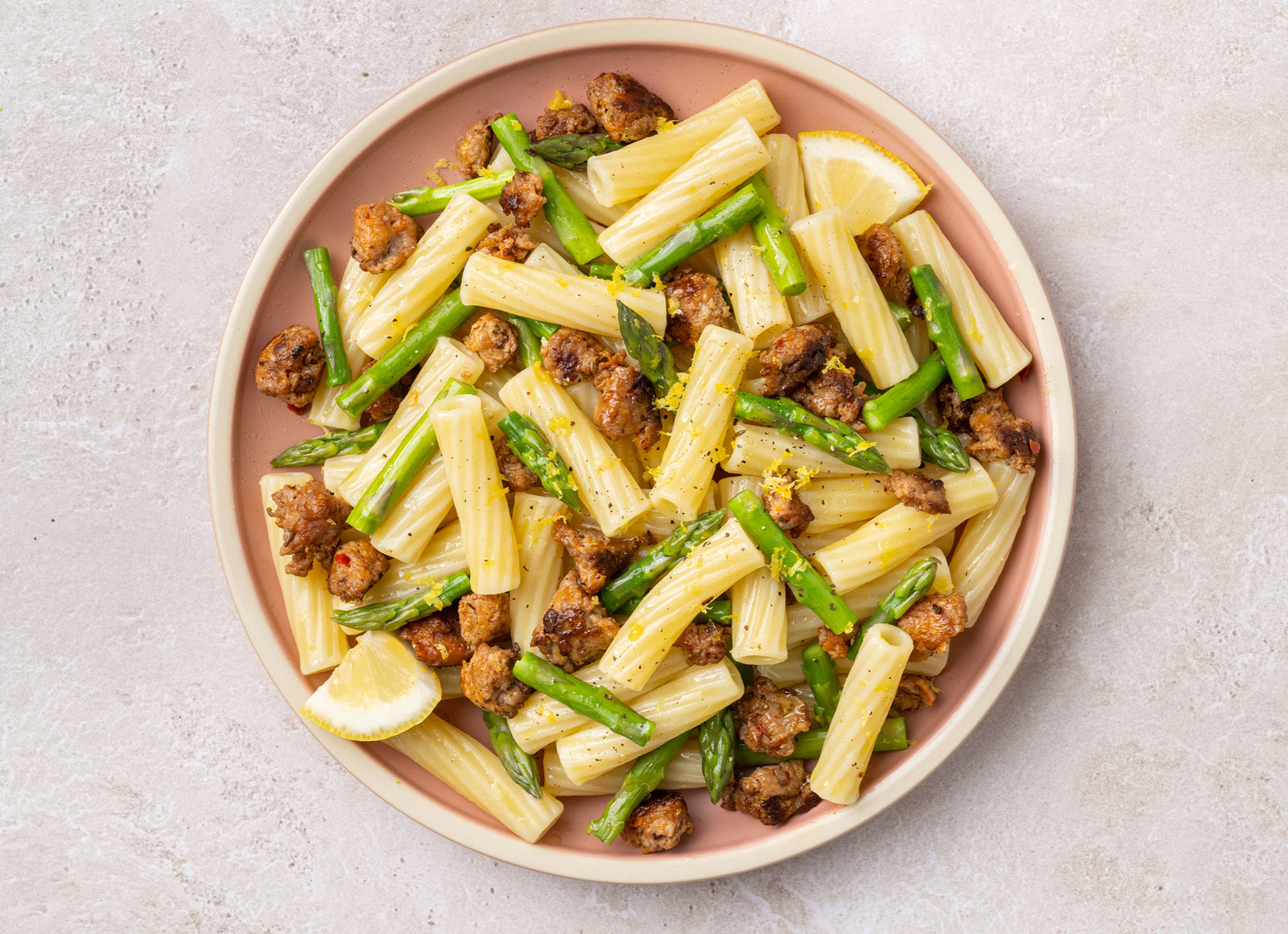 Lemony Pasta with Hot Sausage + Asparagus