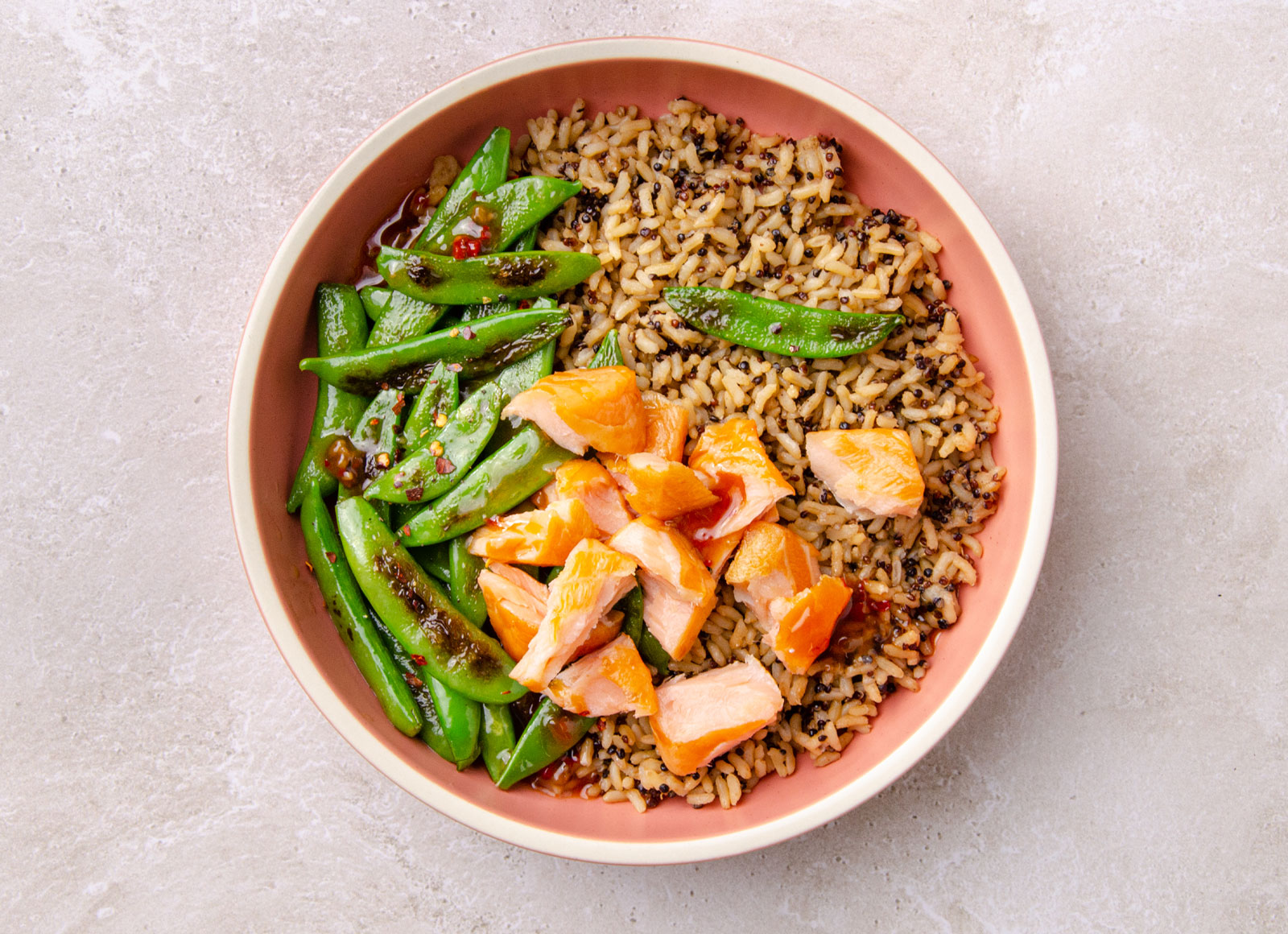 Gingery Smoked Salmon + Pea Snaps Brown Rice Quinoa Blend Bowl