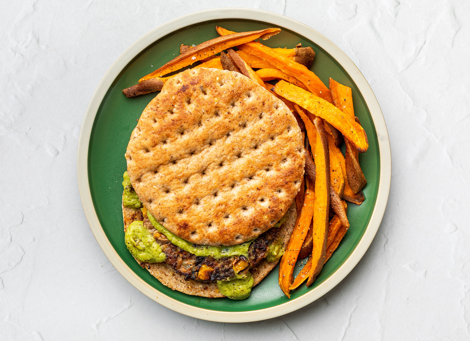 Southwest Chicken Avo Burger + Sweet Potato Fries