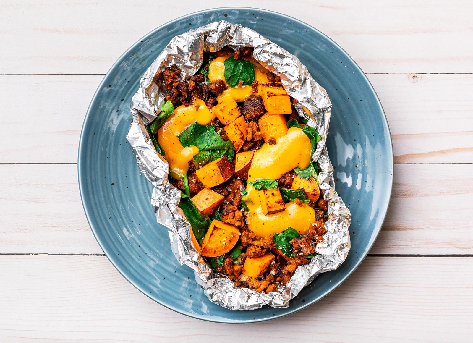Cheesy All-in-One Sweet Potato Hash