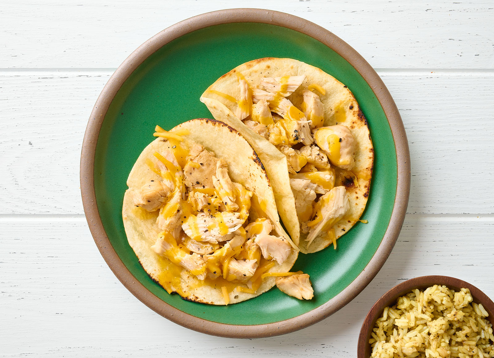 Cheesy Chicken Tacos + Jasmine Rice with Shredded Sharp Cheddar Cheese