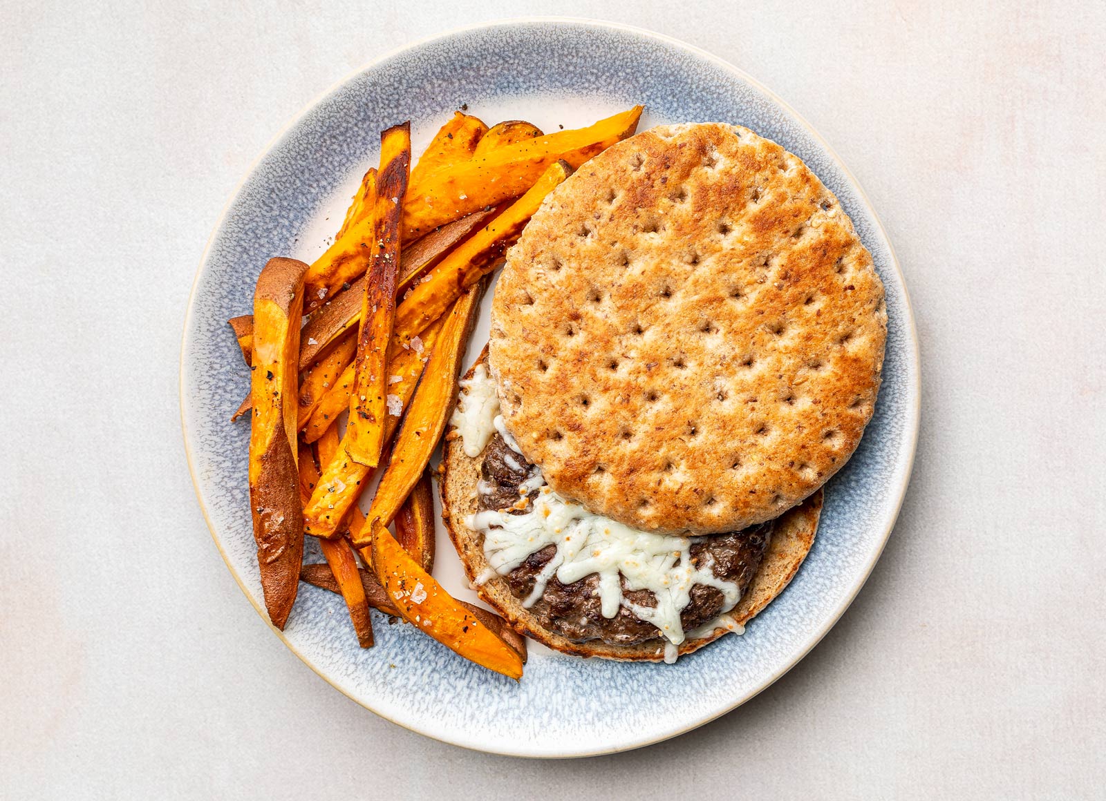 Melty Mozz Burger + Sweet Potato Fries with Ground Beef Patties