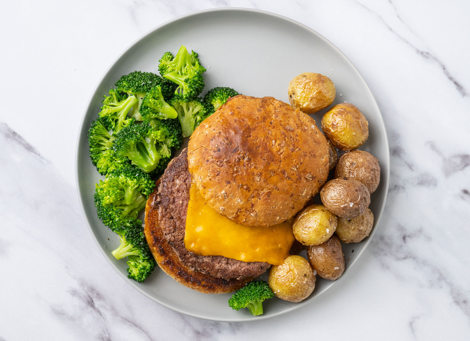 Cheeseburger with Crispy Potatoes + Broccoli Florets