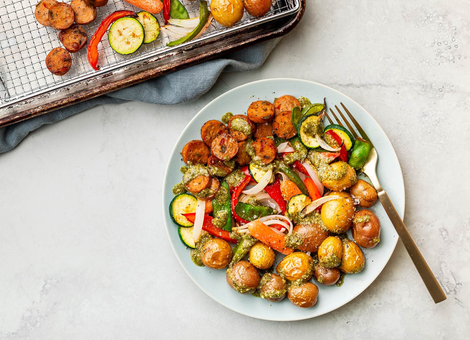 Air Fryer Chicken Sausage + Crispy Potatoes with Pesto