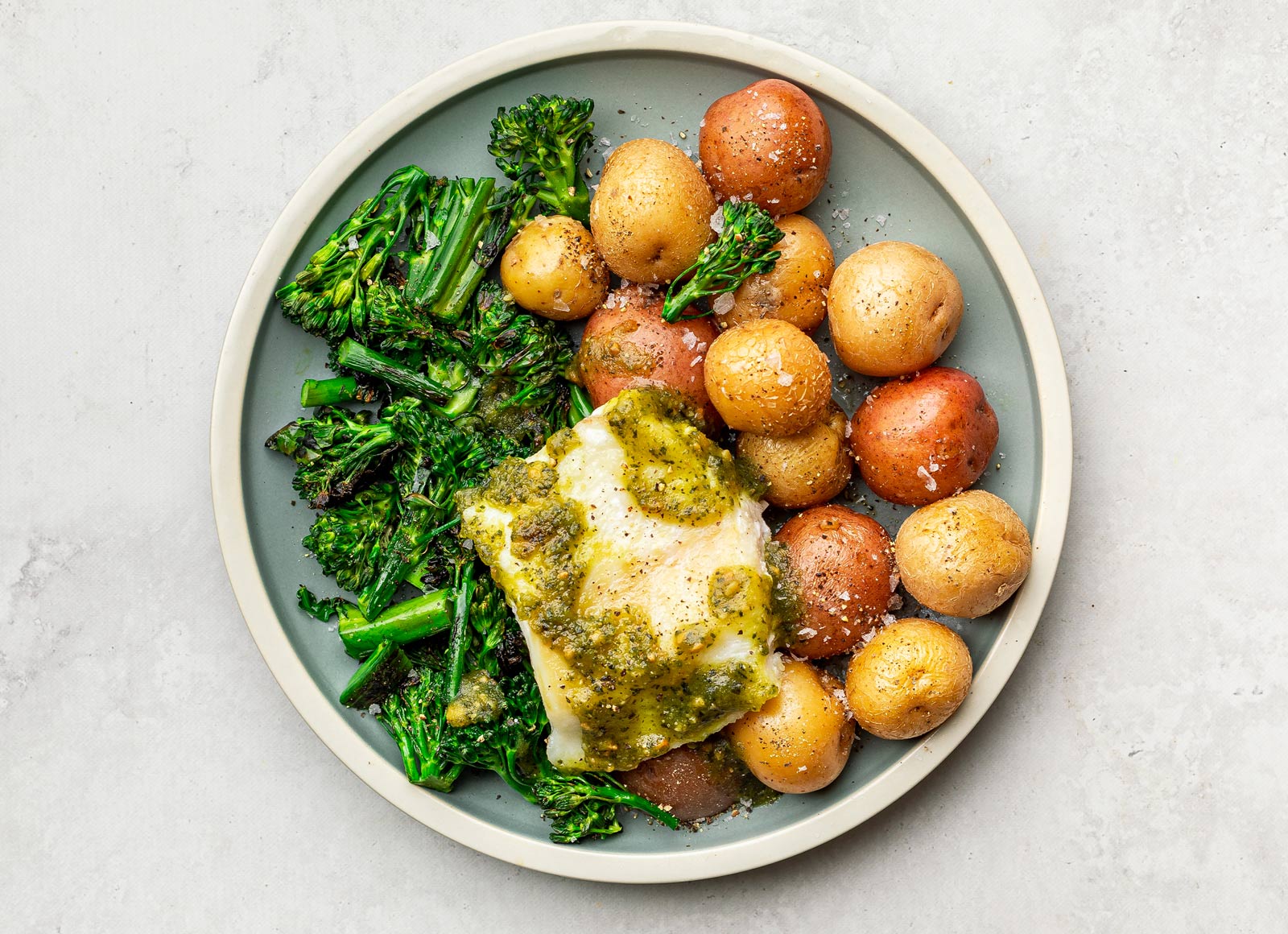 Pesto Roasted Cod with Potatoes + Broccoli