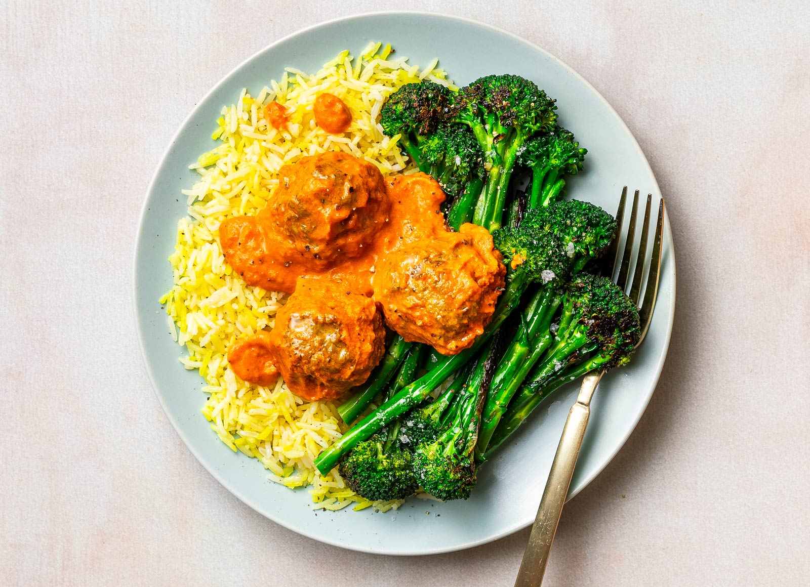 Butter Chicken Meatballs + Rice with Broccoli