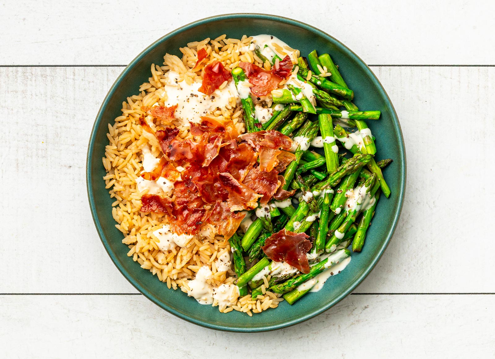 Asiago Asparagus + Crispy Prosciutto Grain Bowl