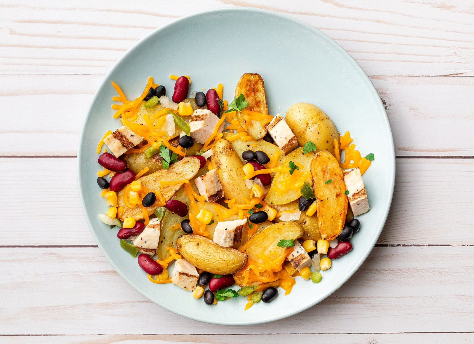 Roasted + Loaded Potato Nachos with Seasoned Grilled Chicken Breast