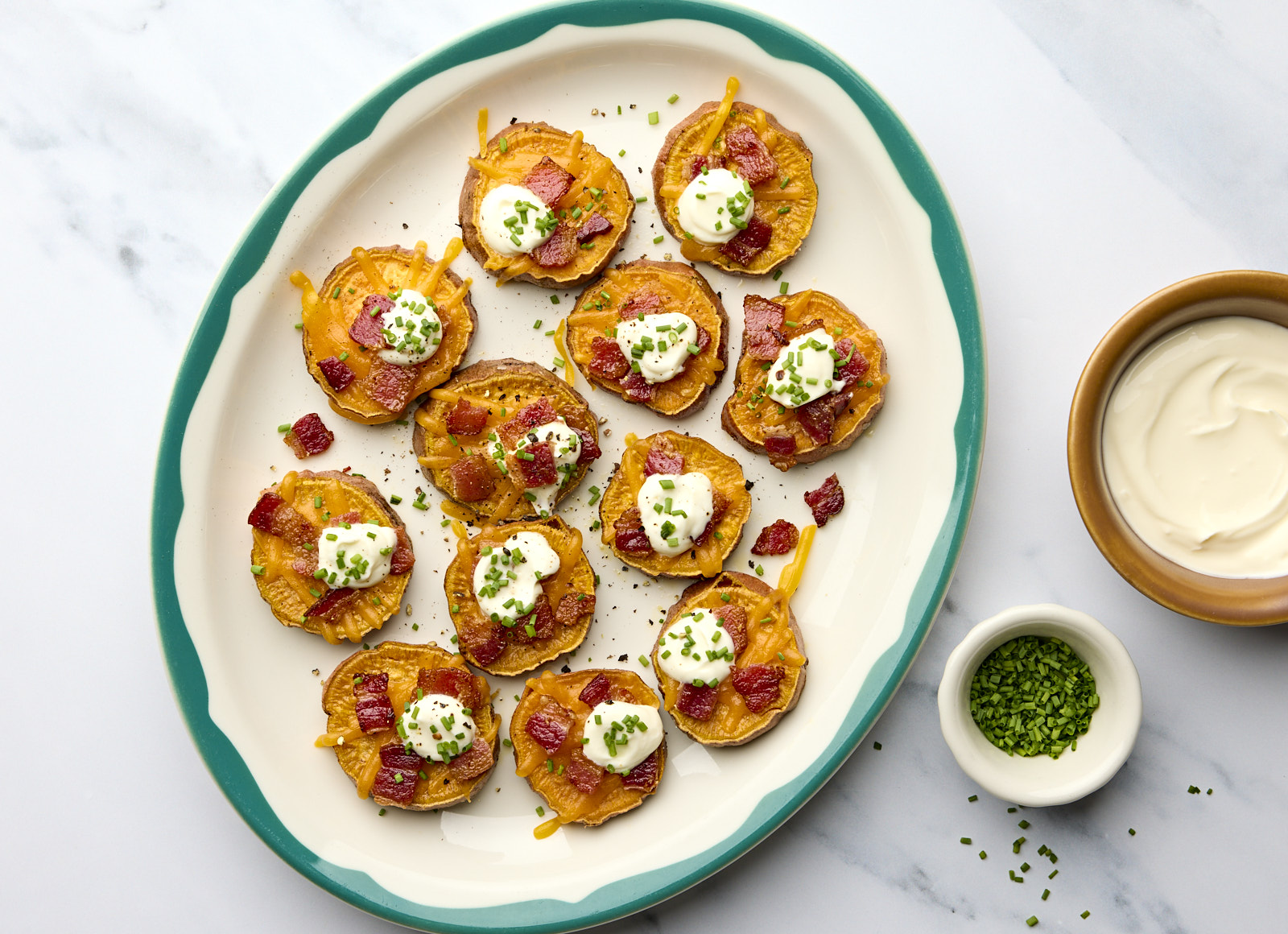 Loaded Sweet Potato Rounds with Shredded Sharp Cheddar Cheese