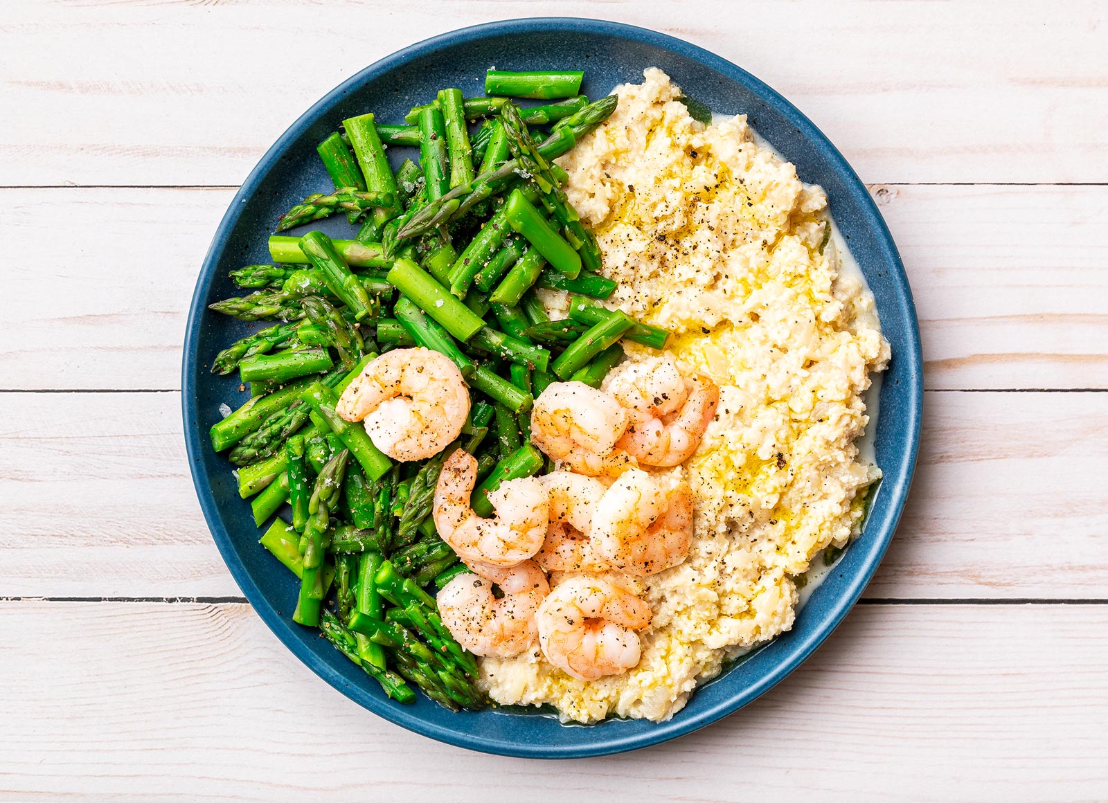 Wild Caught Shrimp + Asparagus with Cauli Mash
